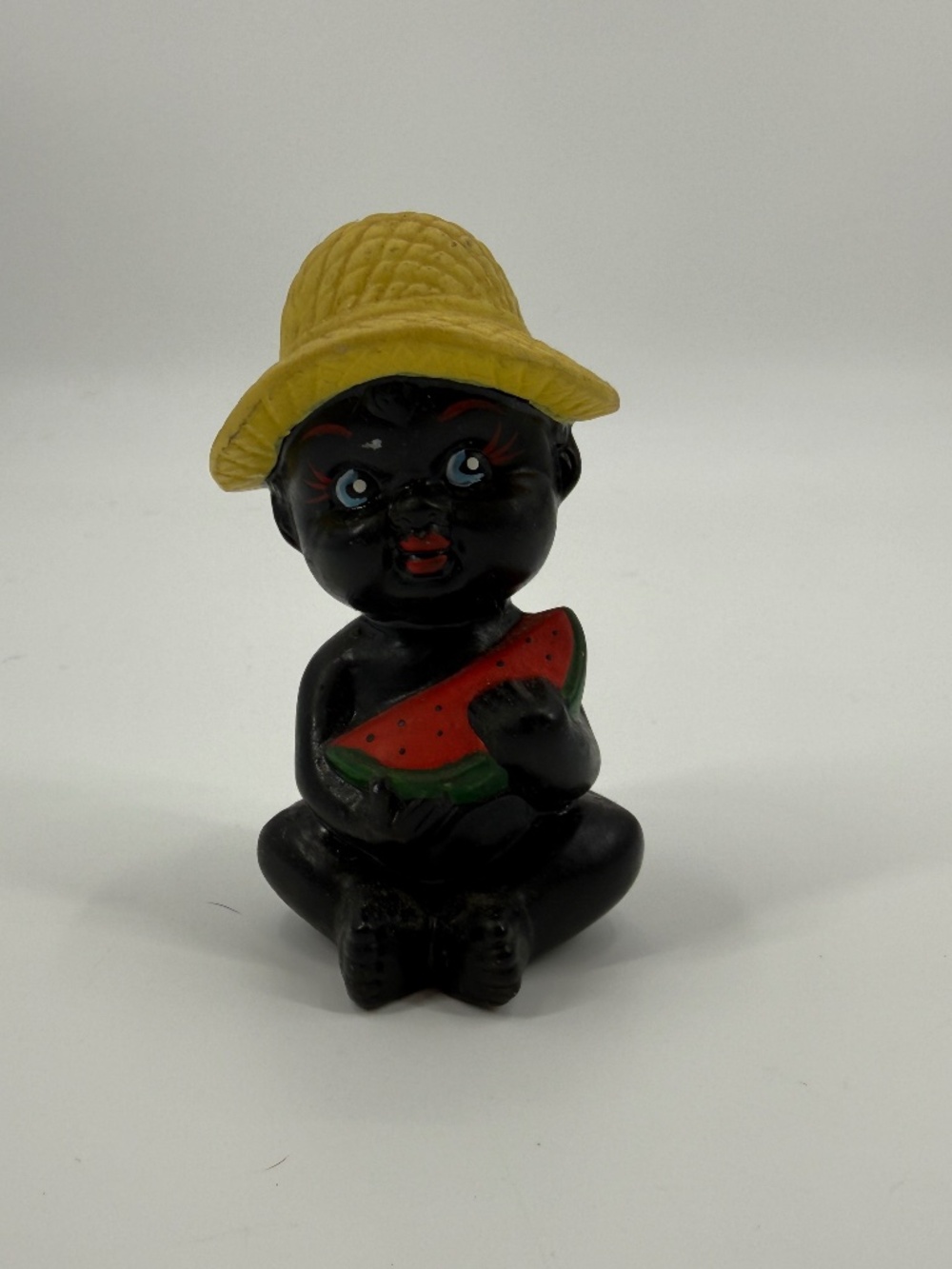 Vintage 1960s  Black Americana Ceramic Bell Baby Boy Eating Watermelon Straw Hat